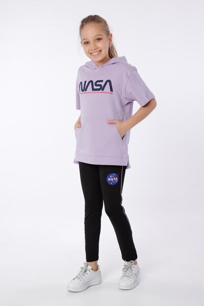 Black One Момичешка тениска с качулка и щампа NASA, бродирани детайлни чорапогащи