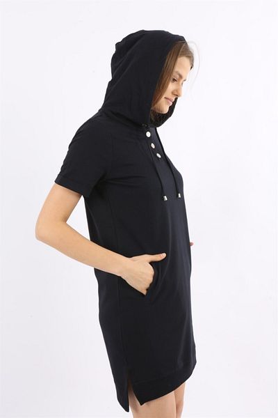 Banadamoda Navy Blue Hooded Short Sleeve Tunic Dress with Snap Detail