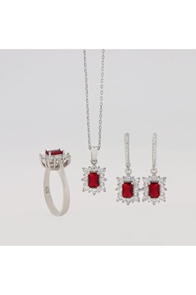 Silveranka 925 Ayar Gümüş Baget Kırmızı Taşlı Anturaj Set