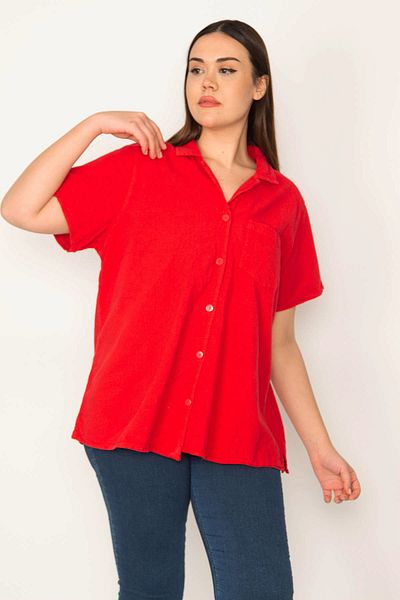 Şans Women's Large Size Red Apaque Collar Front Buttoned Short Sleeve Shirt 65n31391