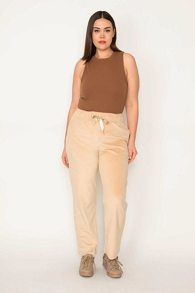 Şans Damen-Hose aus beigem Perlensamt mit elastischem Bund in großen Größen 65n31392
