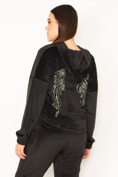 Şans Women's Black Pearl Velvet Back Angel Wing Stone Detailed Hooded Sweatshirt Trousers Set 65N31328