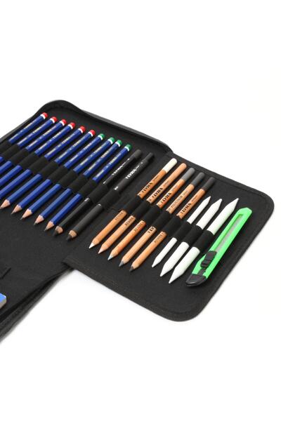 hobi market art 24 Piece Charcoal Sketch Drawing Art Starter Set with Leather Bag