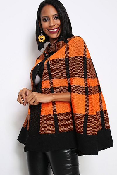 AVORWE Half Shirt Collar Square Pattern Two Button Orange Knitwear Poncho