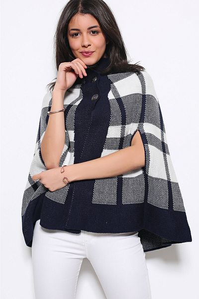 AVORWE Half Shirt Collar Square Pattern Two Button Knitwear Poncho
