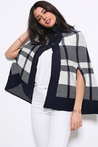 AVORWE Half Shirt Collar Square Pattern Two Button Knitwear Poncho