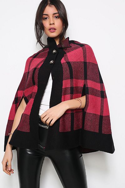AVORWE Half Shirt Collar Square Pattern Two Button Dried Rose Knitwear Poncho