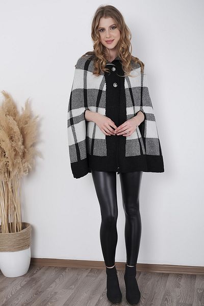 AVORWE Half Shirt Collar Square Pattern Two Button Black and White Knitwear Poncho