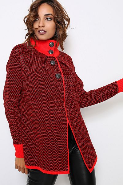 AVORWE Turtleneck Button Detail Red Knitwear Poncho