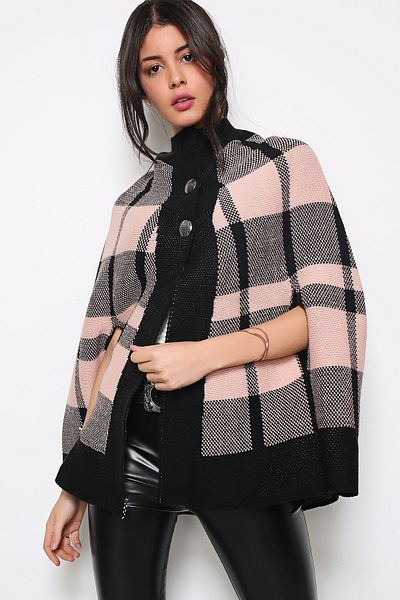 AVORWE Half Shirt Collar Square Pattern Two Button Salmon Knitwear Poncho