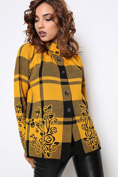 AVORWE Floral Patterned Buttoned Mustard Knitwear Poncho