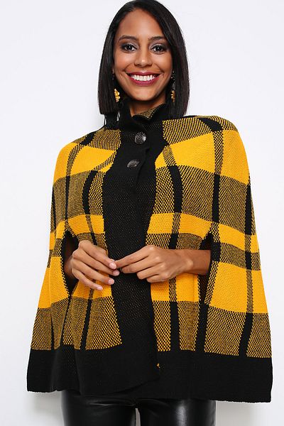 AVORWE Half Shirt Collar Square Pattern Two Button Yellow Knitwear Poncho