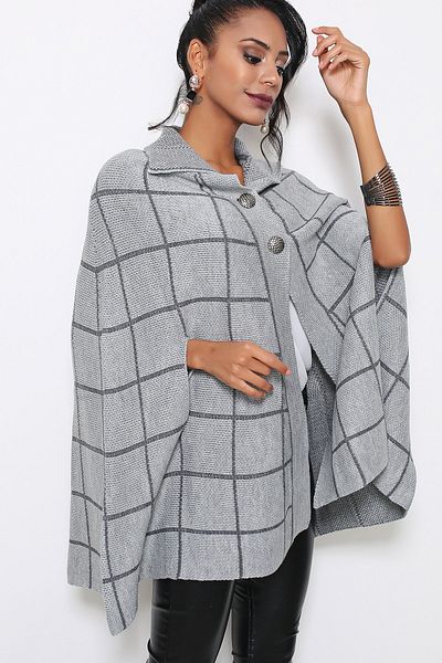 AVORWE Shirt Collar Buttoned Gray Knitwear Poncho