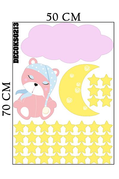 Tilki Dünyası Sleeping Pink Teddy Bear with Hat, Moon and Stars Deco Kids Room Wall Sticker