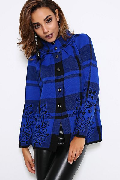 AVORWE Flower Patterned Buttoned Saks Blue Knitwear Poncho