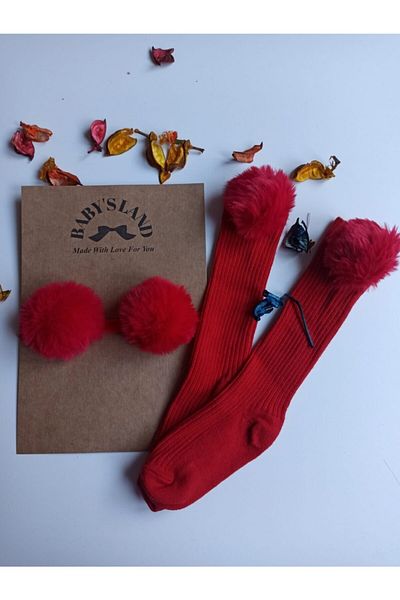 Babyland Baby Girl/socks Red Pompom Rubber Bandana and Pompom Red Socks Set