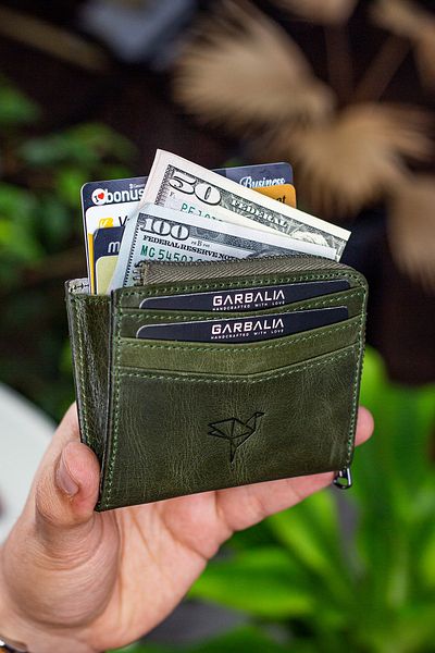 Garbalia Figo Genuine Leather Crazy Green Zippered Mini Card Holder Wallet