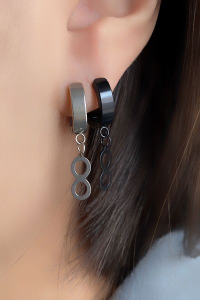 axexuar Compression 316l Steel Ring Infinity Motif Black Silver Color Double Men's Women's Earrings
