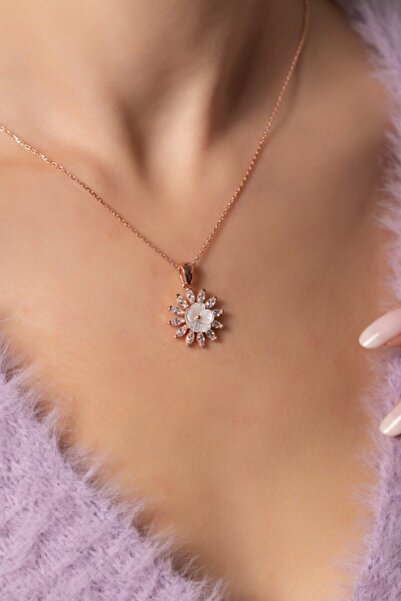 Eva Jewelry Yuvarlak Manolya Taşlı 14k Rose Gold Kaplama Kadın Kolye