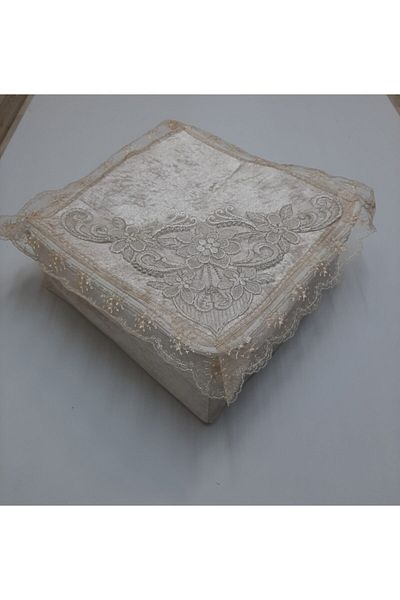 Çalışkan Çeyiz Evi Βελούδινο ύφασμα με σφουγγάρι Yemeni Hurç Γαλλικό δαντέλα με κορδόνια Yemeni Hurç Cappucino 36x36x18cm