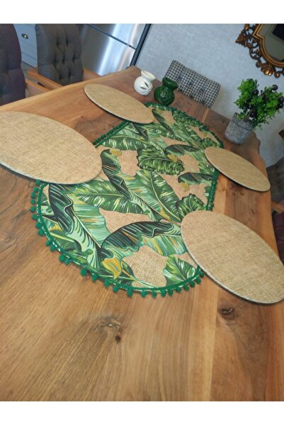 Ayşemce Американски сервизен комплект с мотив от бананови листа, зелен помпон...