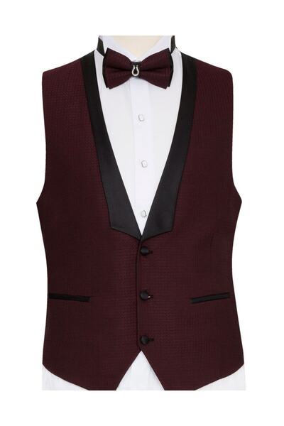 SÜVARİ Erkek Bordo Dokulu Yelekli Slim Fit Smokin Damatlık