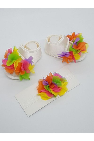 Melkady Aksesuar Baby Girl White Colored Flower Motif Hair Band and Booties Set 169