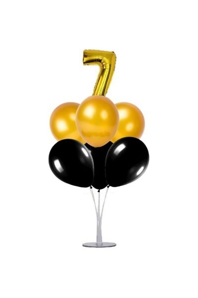 Şeker Adası 7 Years Old Number Foil Balloon Gold Gold 40 Cm, Balloon Stand, 6 Balloons, Birthday, Anniversary, Party