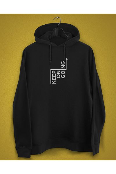 YEACHY Hanorac negru cu glugă imprimat Keep On Going pentru femei