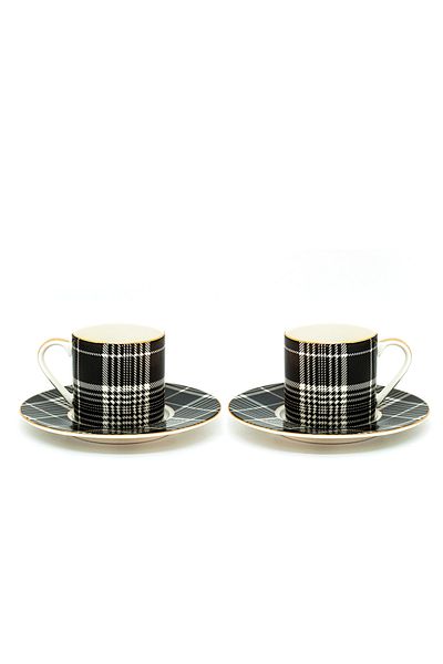 Bursa Porselen Dekor Black and White Gold Gilt Handled Coffee Cup Set for Two