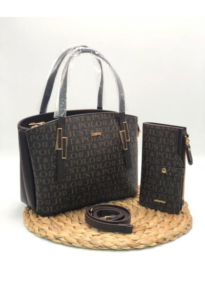 Just Polo حقيبة كتف نسائية بنية ومحفظة