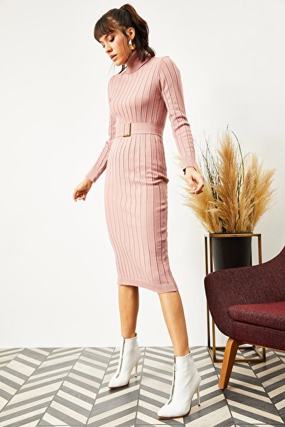 Olalook Γυναικείο πλεκτό φόρεμα Dusty Rose Rabbed φόρεμα ELB-19001014