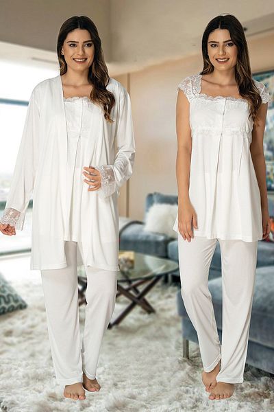 lohusahamile Women's Ecru Lace Maternity Pajamas Set with Dressing Gown 2301