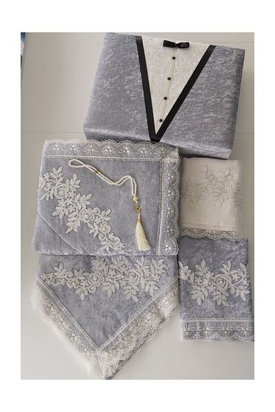 Lamazihome Gray Groom Figured Prayer Rug Set with Chest and Dowry Bundle 6 Pieces