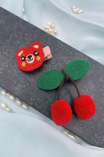 Ella Tasarım Cherry Knitted Red Teddy Bear Figured Double Children's Buckle Set
