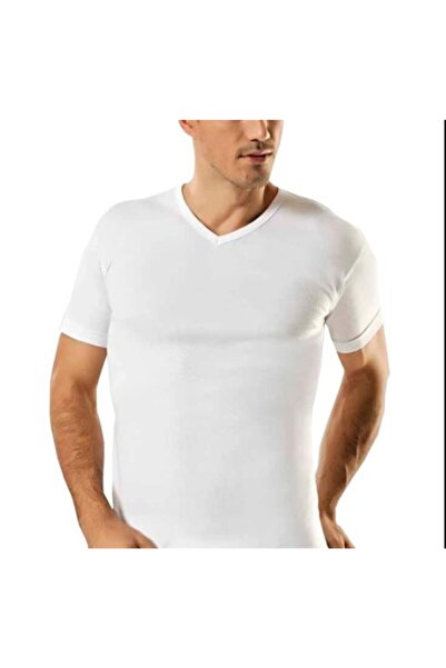 Tutku Мъжка бяла тениска с 6 части, V-образно деколте и половин ръкав