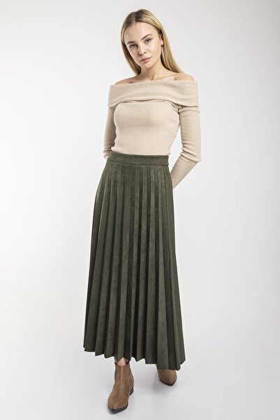 modabirsen Γυναικεία Χακί Πλισέ Mevlana Suede Φούστα