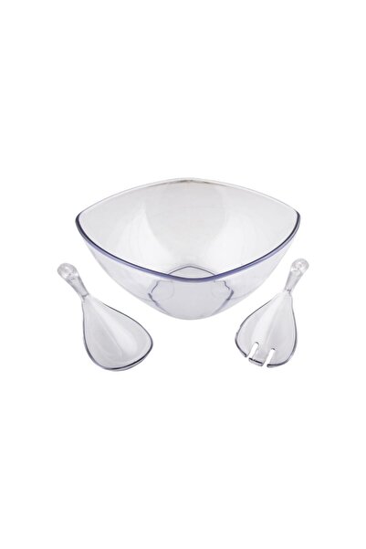 EWs 3.5 Lt Transparent Acrylic Salad Serving Bowl and Cutlery Set - 3 Pieces