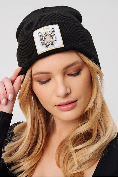 Trend Alaçatı Stili Woman's Black Tiger Embroidered Beanie ALC-A2059