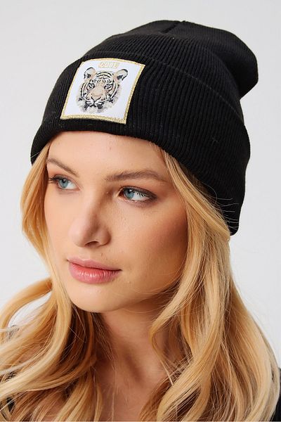 Trend Alaçatı Stili Woman's Black Tiger Embroidered Beanie ALC-A2059