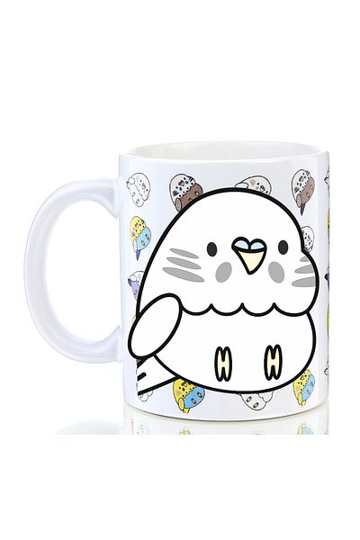Kuşarkadaşım Budgie Cup Back Patterned Bird Mug Gift White Gray Striped