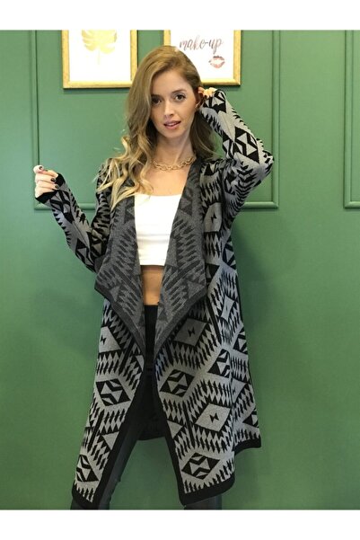 Ocean Kadın Siyah Desenli Uzun Hırka