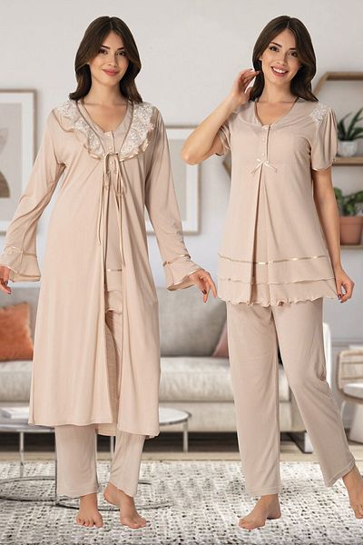 Effort Pijama Women's Brown Lace Maternity Pajamas with Dressing Gown