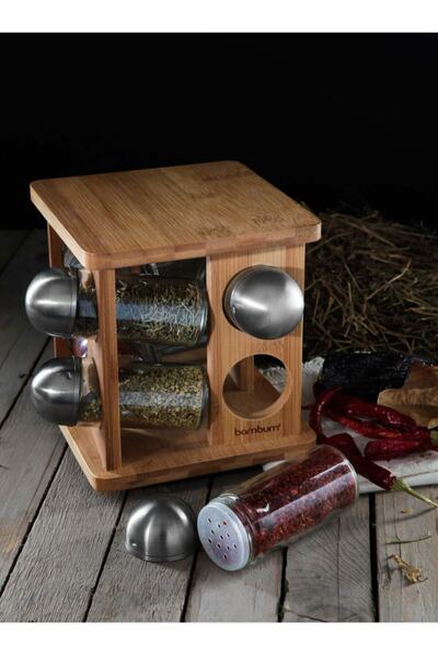 BYMEMIS وعاء توابل دوار من الخيزران غير المكتمل مكون من 8 قطع