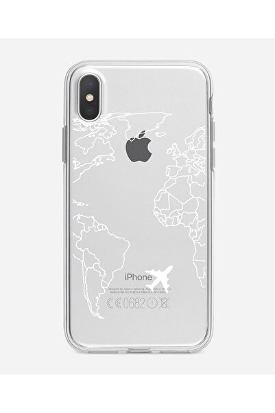 mooodcase Iphone Xs World Map Lines Premium Şeffaf Silikon Kılıf Beyaz Baskılı