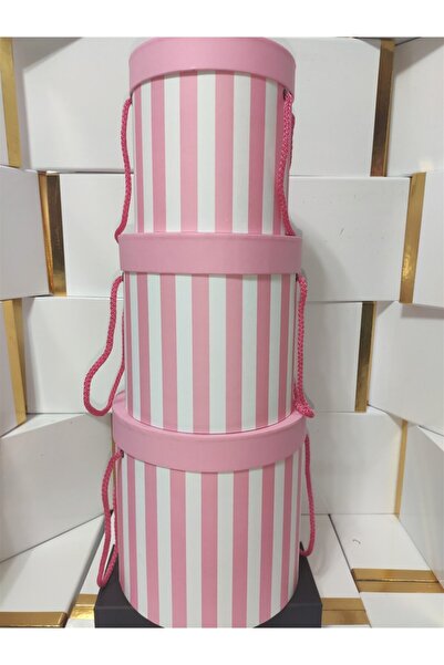 Hediye Kutusu Yuvarlak Silindir Kutu Pembe Beyaz Çizgili Silindir Kutu