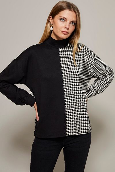 Cool & Sexy Női fekete-fehér félteknős kopófog mintás blúz Yİ2037