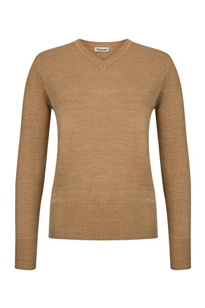 Sementa Pulover tricotat pentru femei cu decolteu în V basic - Camel