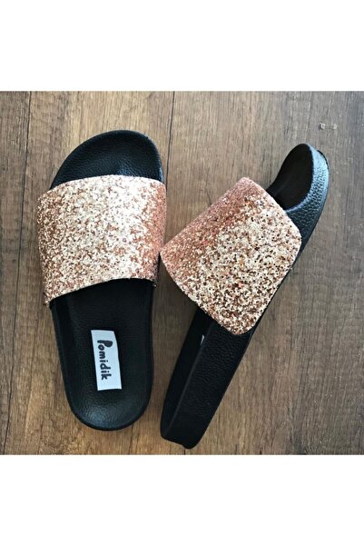 Pomidik Women's Bronze Glittery Shiny Single Strap Summer Slippers
