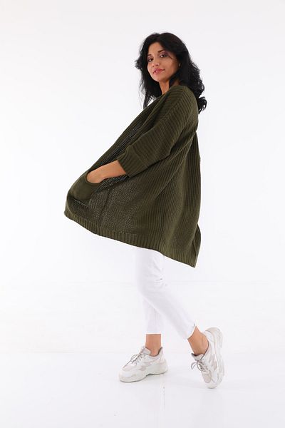 Devinka Women's Khaki Oversize Model Long Pocket Knitwear Cardigan